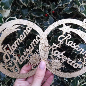 PERSONALIZED CHRISTMAS BALL with name gold glitter Christmas decoration in wood 2 names couple grandparents uncle aunt gift friends bauble 12 cm tree