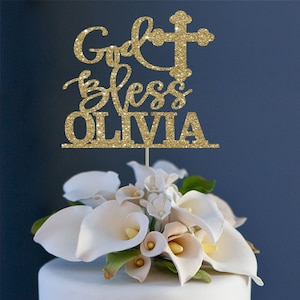 Personalized Baptism Cake Topper: God Bless, First Communion Decor