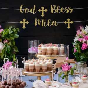 God Bless Glitter Banner: Christening, Baptism, First Communion Decor