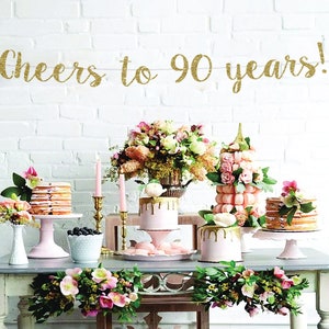 Cheers to 90 Years Banner: Glitter Cardstock Anniversary Backdrop