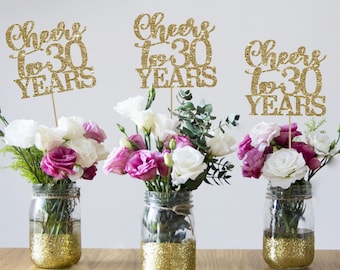 Cheers to 30 Years Centerpiece: Gold Glitter 30th Birthday Decor