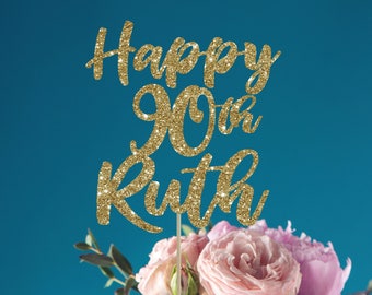 90th Birthday Cake Topper: Custom Name, Glitter Cardstock Party Decor