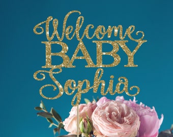 Gold Glitter Welcome Baby Cake Topper: Baby Shower Decor