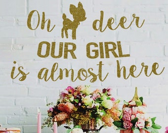 Glitter Oh Deer Our Girl Baby Shower Banner: Woodland Decorations