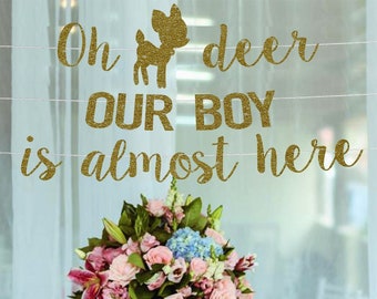 Oh Deer Our Boy Glitter Banner: Woodland Baby Shower Decor