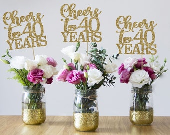 Cheers to 40 Years Centerpiece: Gold Glitter 40th Birthday Decor