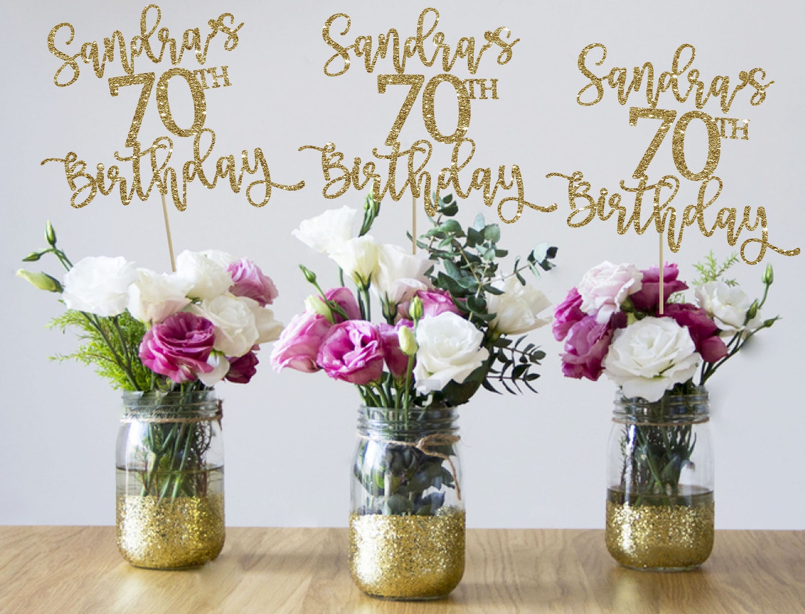 Sandra's 70th Birthday - Shiny Gold 70th birthday centerpiece - personalized 70th birthday decorations 