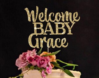 Personalized Gold Baby Shower Cake Topper: Welcome Baby Decor
