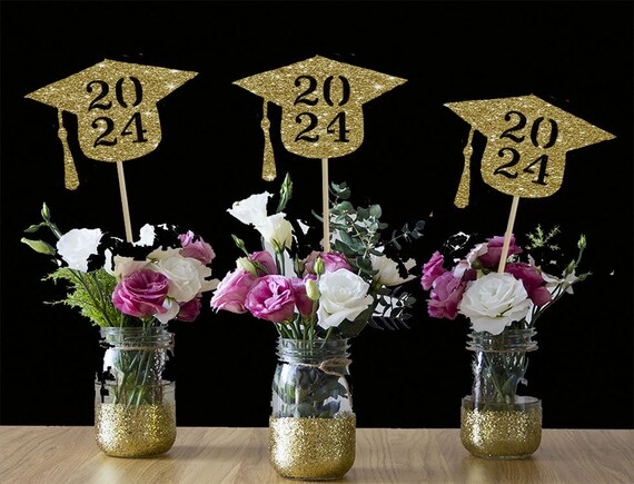 Graduation centerpiece grad centerpiece class of 2024 gold centerpiece graduation party grad decor congrats centerpiece grad party decor