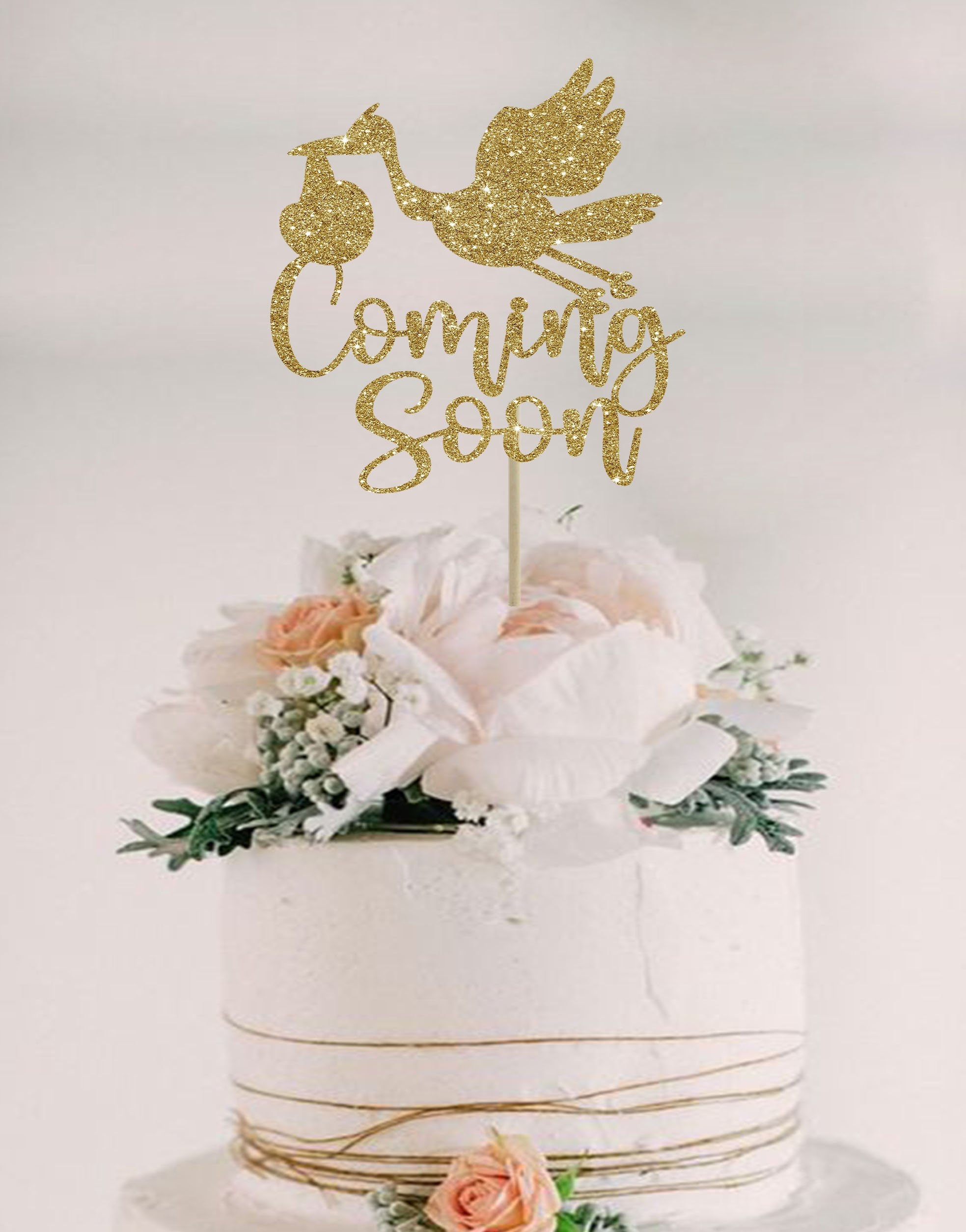 Baby cake topper gold, coming soon topper, baby shower cake topper, baby  shower decorations, elegant cake topper. stork silhouette