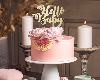 Hello Baby Cake Topper: Gold Cardstock, Baby Shower Decor