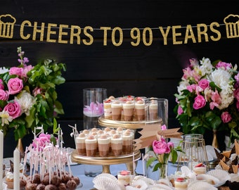 Cheers to 90 Years Banner: Glitter 90th Birthday Party Decoration