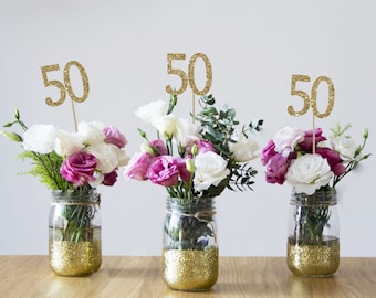 Gold Glitter 50th Birthday Centerpiece Sticks