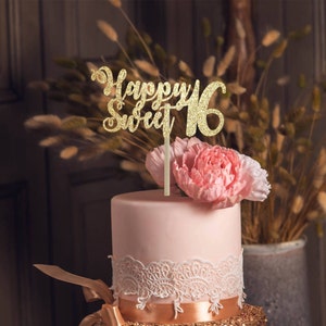 Sweet 16 Gold Cake Topper: 16th Birthday Party Decor