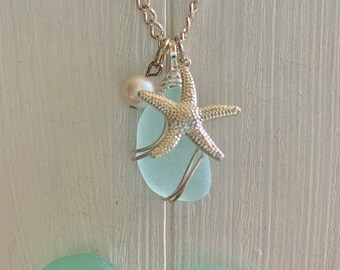 Genuine Lake Ontario Aqua beach glass with pearl & starfish pendant necklace .