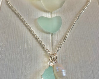 Great Lakes Aqua beach glass with Pearl droplet pendant necklace.