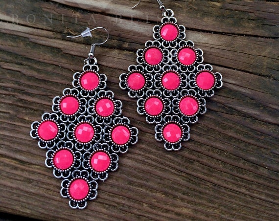 Bonitabliss Hot Pink And Silver Chandelier Earrings Statement Long Dangle