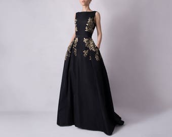 Long evening dress - hand painted silk taffeta ; sleeveless evening dress ; black gown ; glamorous details