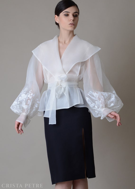 Handpainted White Silk Organza Jacket ; Silk Organza Blouse ; Organza Blazer
