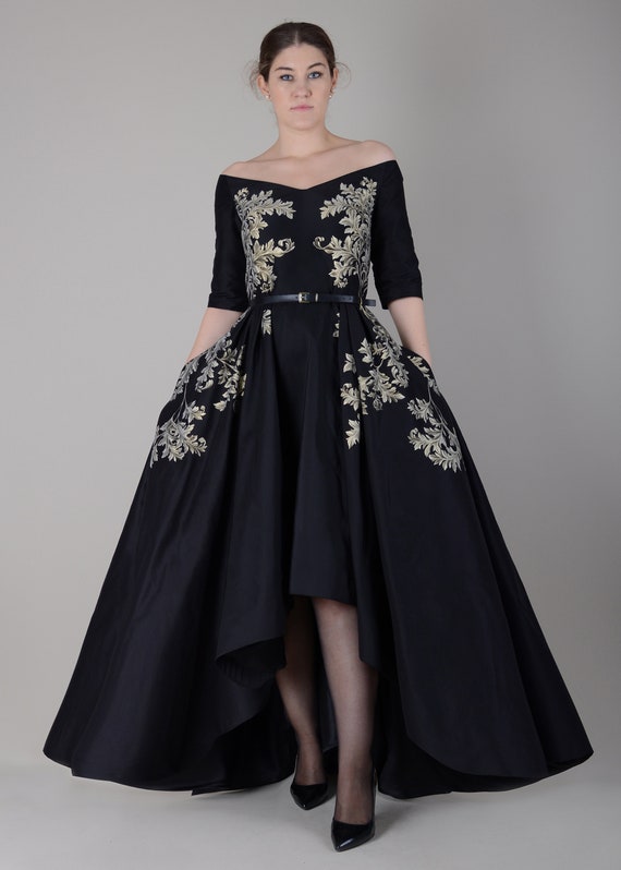Evening Dress ; Hand Painted Silk Taffeta Gown ; High - Low Dress with Off Shoulder Neckline and Sleeves ; Black Wedding Dress