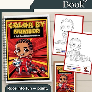 Può includere: Un libro didattico per bambini "Colora con i numeri" con un pilota di auto da corsa dei cartoni animati sulla copertina. Il libro include pagine da colorare e il testo "Corri nel divertimento: dipingi, impara e gioca con numeri e colori!"