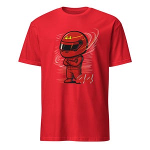 Close-up of chibi helmet and #44 screen print showing crisp ink edges and layered color detail on the tee.
