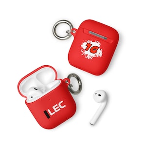 May include: Red Airpods case with a keychain and the text "LEC" on one side and a white splatter design with the number "16" on the other side.