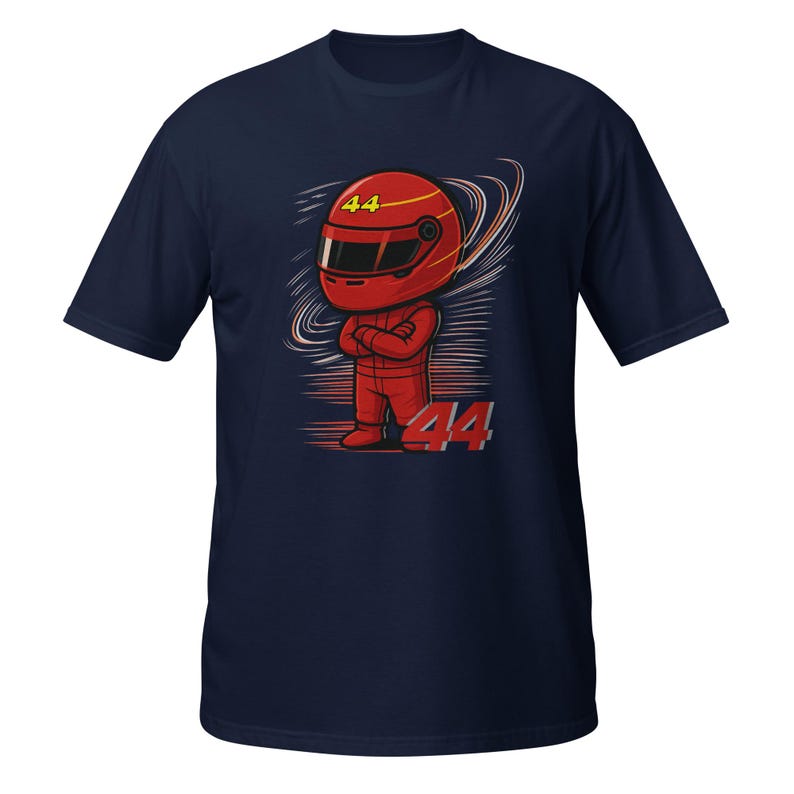 Blue Navy tee flat-lay with the red chibi racer graphic and "Lewis Hamilton" text, front view with visible fabric texture.