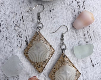 Authentic Hawaiian sand and seashell resin earrings, ocean earrings, beach and tropical gift.