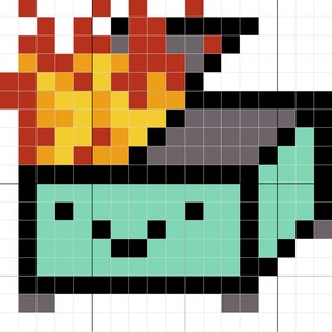 May include: A pixel art illustration of a green and black robot with a red, orange, and yellow flame on top of its head.