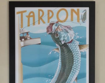 Art Deco Style Tarpon Fish Poster Sport Fishing Signed Painting Print