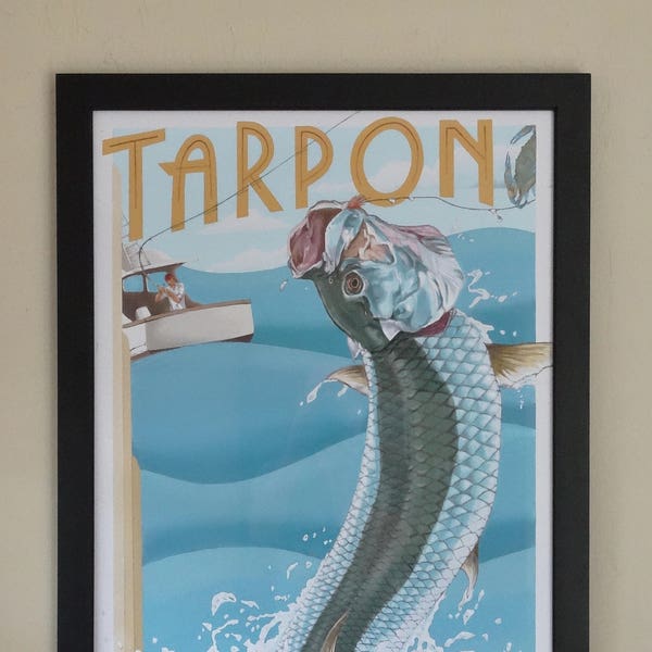 Art Deco Style Tarpon Fish Poster Sport Fishing Signed Painting Print