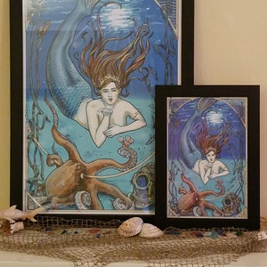 Art Nouveau Style Mermaid Underwater with Octopus Print