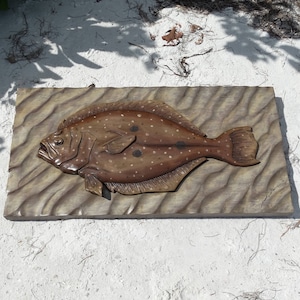 Wood Mahogany Saltwater Flounder Fish Relief Carving Sculpture Wall Art 3D