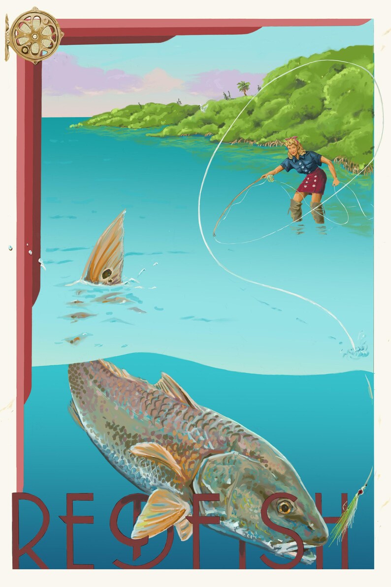 Vintage Style Redfish Fly Fishing Fish Print Sportfishing Poster