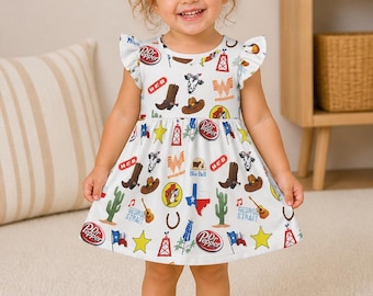 Vestido estampado con iconos de Texas: suave y elástico, de seda de leche, estilo western para niños pequeños.