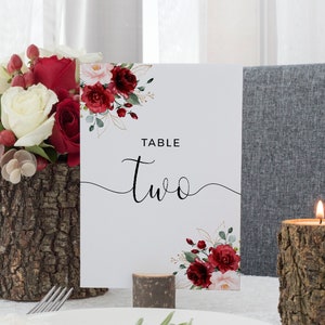 Red and Blush Floral Wedding Table Number Template (Digital Download, SRF)