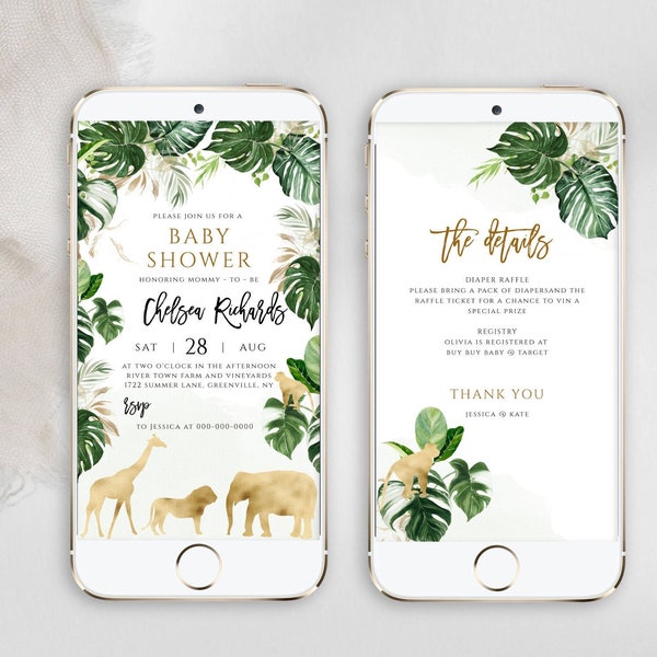 Gold Safari Baby Shower Electronic Invitation Template Editable Digital Download, Jungle Baby Shower Evite, Edit with Templett, SPP