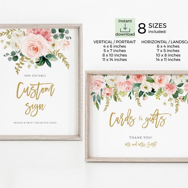 Editable Cards and Gifts Sign Template, Custom Sign, Blush Flower Sign Download, Edit with Templett, SPB