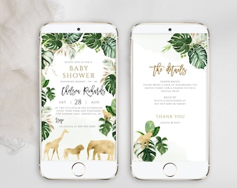 Gold Safari Baby Shower Invitation: Jungle Animals Evite (Digital Download, SPP)