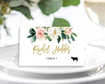 Blush Flower Wedding Place Card Template: Editable Printable (DIY, Instant Download)