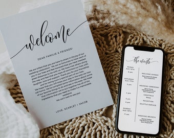 Modern Welcome Letter & Timeline Template, Minimalist Wedding Order of Events, Itinerary, INSTANT DOWNLOAD, Fully Editable Text, SPC