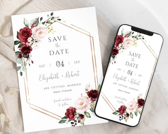 Red Floral Save the Date Template: Electronic or Printable (SRF)