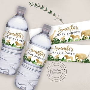 Safari Baby Shower Water Bottle Label Template: Jungle Animals (Printable, Editable Text, SPP)