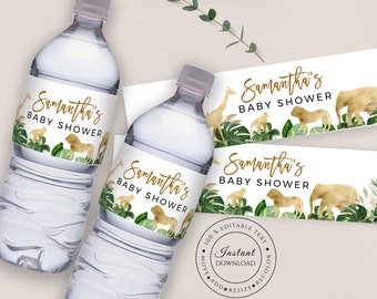 Safari Baby Shower Water Bottle Label Template: Jungle Animals (Printable, Editable Text, SPP)