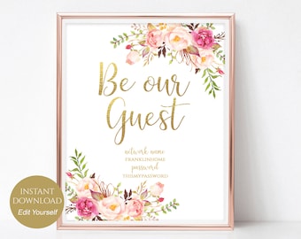 WIFI Password Sign, Be Our Guest Wifi Sign, Printable Internet Sign, Instant Download, 8x10, 5x7, 4x6, Pastel Blooms