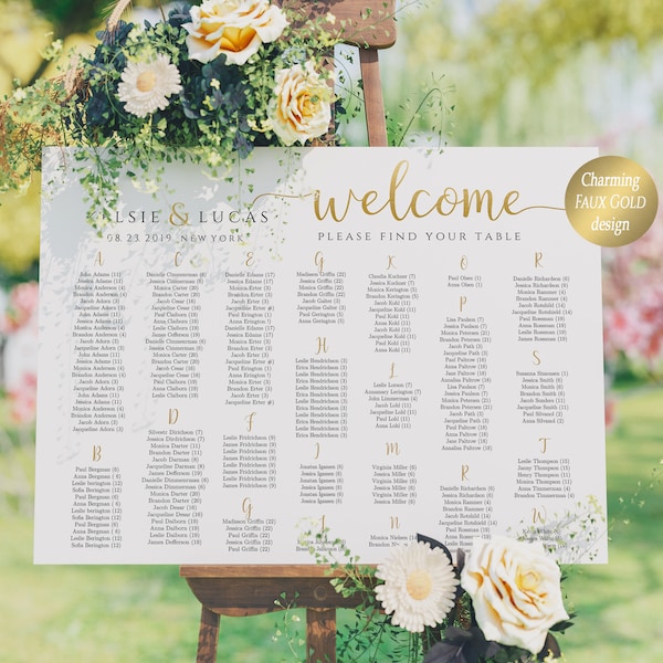 Wedding Seating Chart, Seating Chart Template Printable Wedding Seating Plan, Instant Download PDF, Guest List Sign, Table Plan, Gold Modern