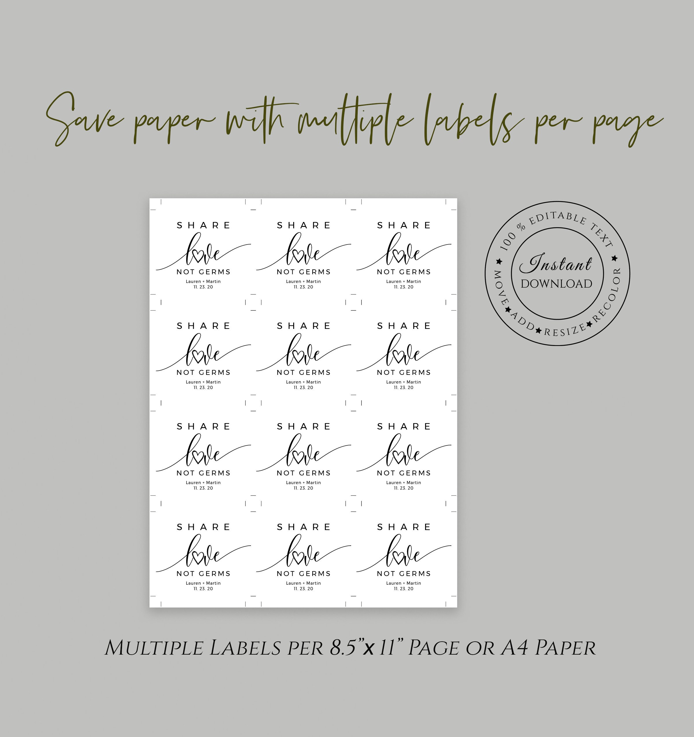 Hand Sanitizer Label Template Share Love Not Germs Wedding | Etsy