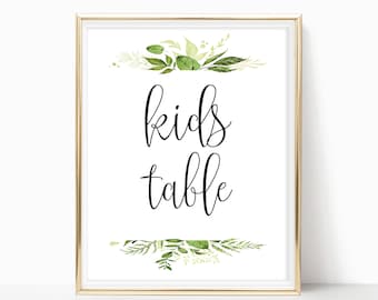 Kids Table Sign: Greenery Wedding Reception Printable (Digital Download)