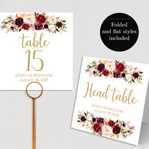 Números de mesa Marsala Tenda/Placa de mesa plana e cabeceira, números de mesa Casamento Modelo de número de mesa para impressão PDF editável Download instantâneo